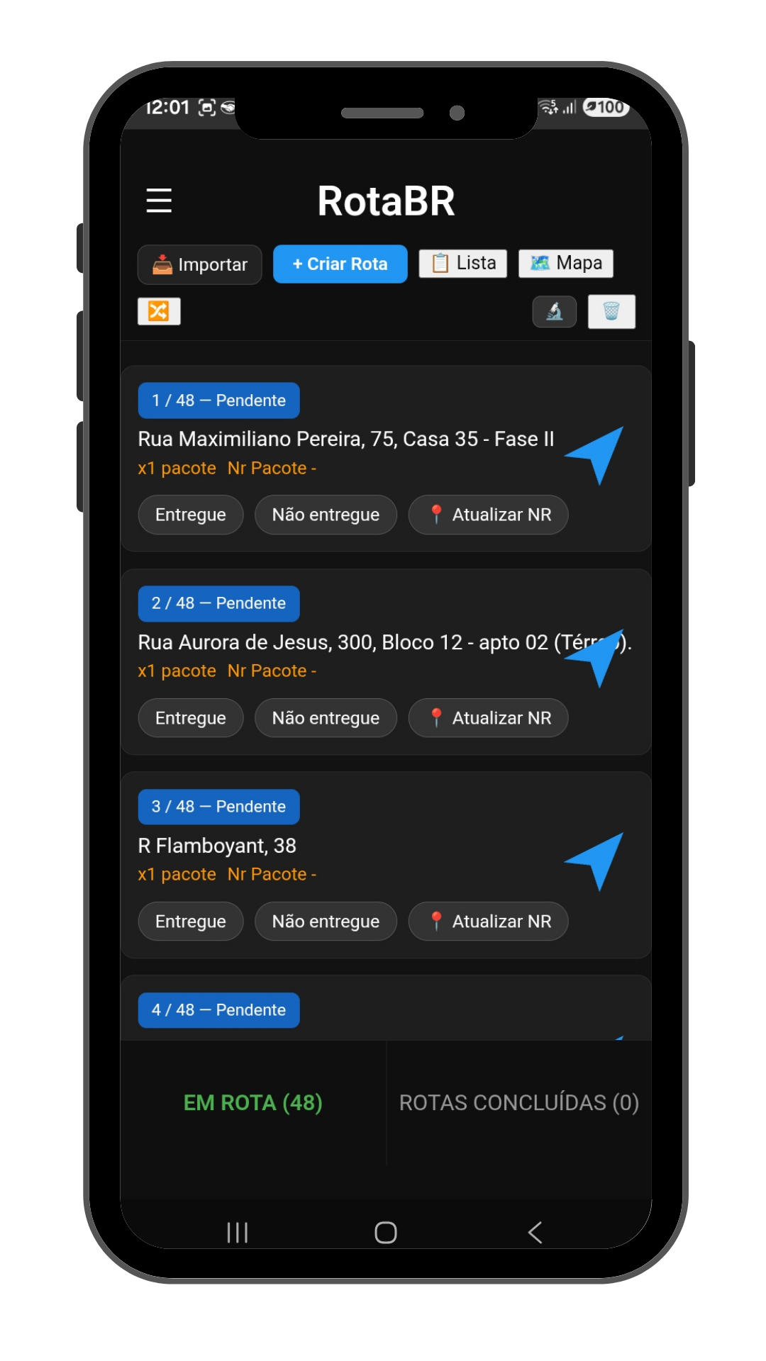 Lista de entregas importada no RotaBR