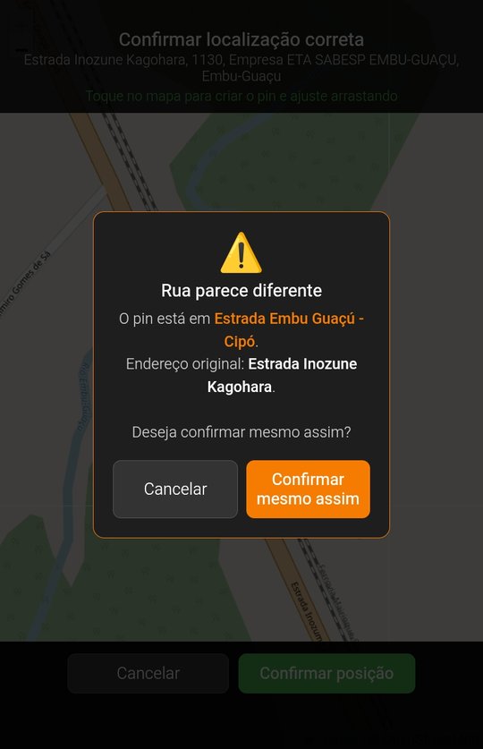 Aviso Rua parece diferente do RotaBR comparando a rua do pin com a do endereço original