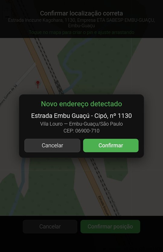 Janela Novo endereço detectado do RotaBR com rua, bairro e CEP da posição corrigida