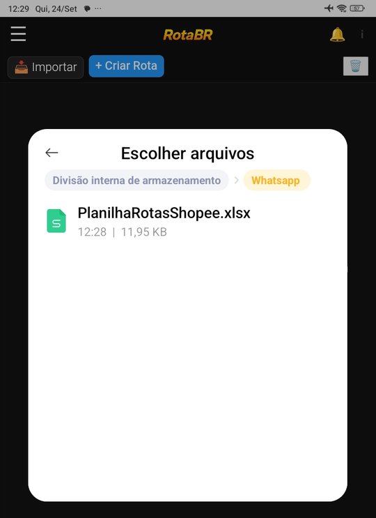 Seletor de arquivos do Android mostrando a planilha .xlsx na pasta WhatsApp