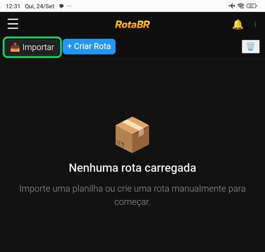 Tela inicial do RotaBR com o botão Importar em destaque