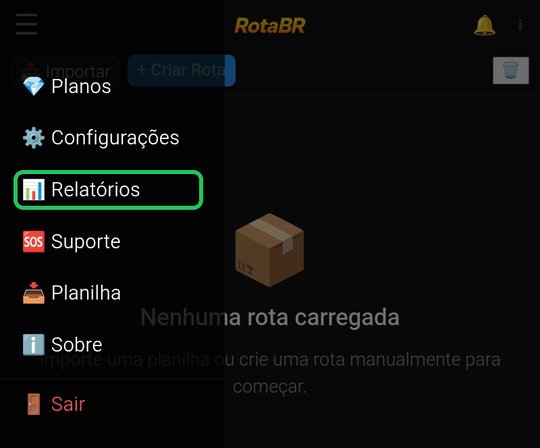Menu do RotaBR com a opção Relatórios em destaque