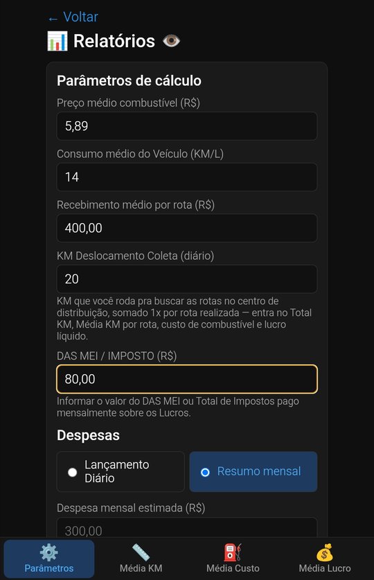 Parâmetros de cálculo do RotaBR: preço do combustível, consumo, recebimento por rota, km de coleta e DAS MEI