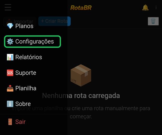 Menu do RotaBR com a opção Configurações em destaque