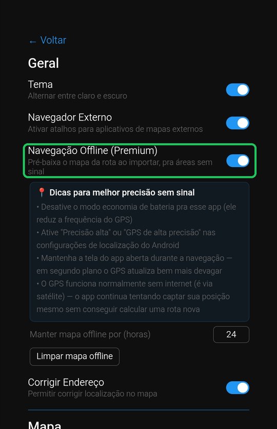 Configurações do RotaBR com a opção Navegação Offline Premium ativada e dicas de precisão sem sinal