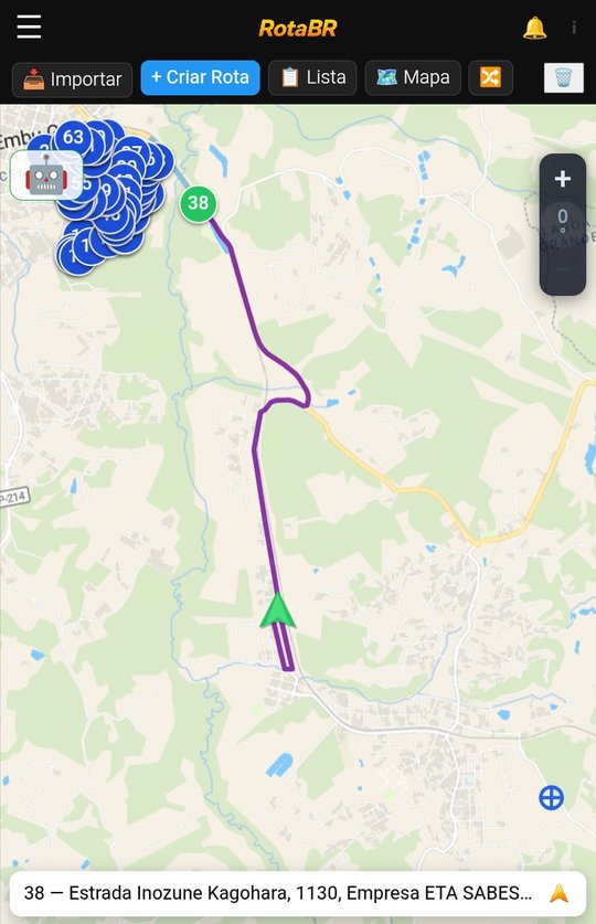 Navegação do RotaBR com a rota em roxo até a parada 38 e a posição do entregador
