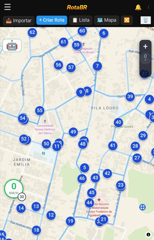 Mapa do RotaBR com a rota completa carregada, linhas azuis ligando todas as paradas numeradas