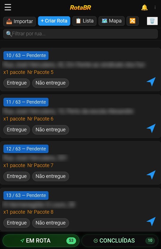 Aba EM ROTA do RotaBR com as paradas pendentes e os contadores EM ROTA e CONCLUÍDAS