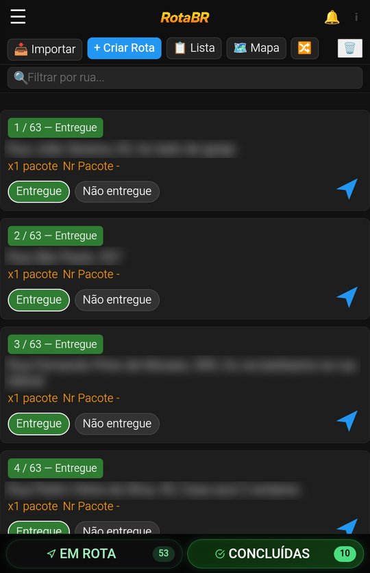 Aba CONCLUÍDAS do RotaBR com paradas marcadas como Entregue